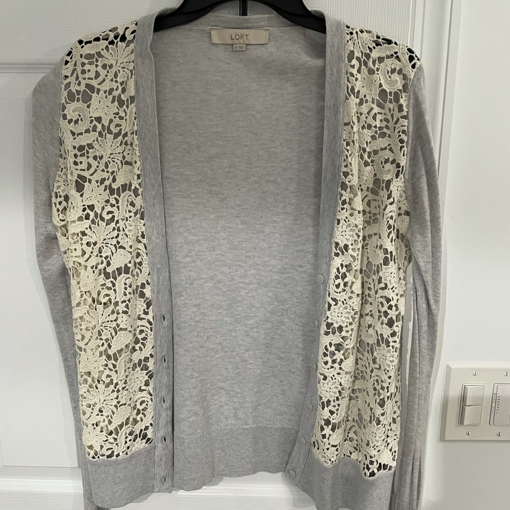 Ann Taylor LOFT Grey White Lace Crochet Cardigan